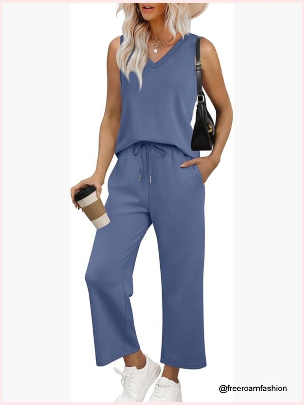 Two Piece Lounge Set Sleeveless V-Neck Wide Leg Pants Set